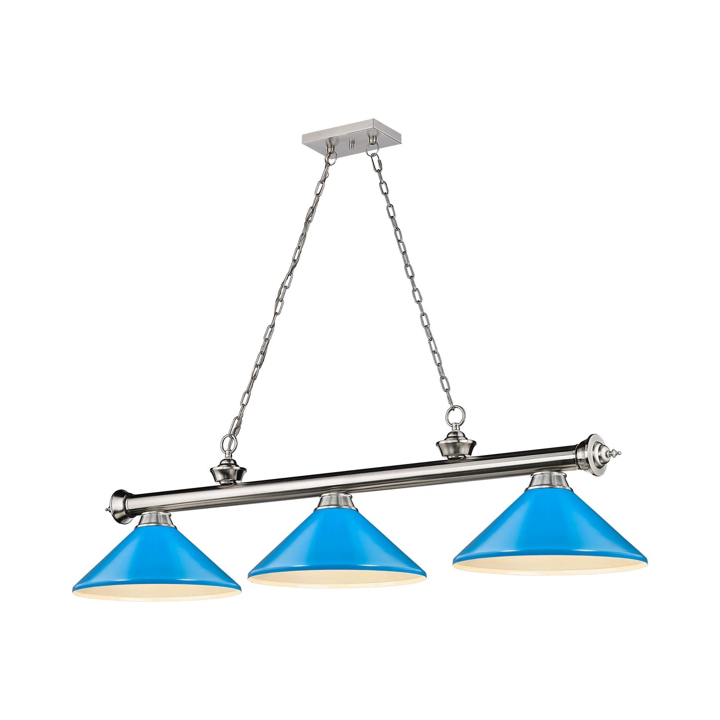 Cordon Cone Billiard Pendant Light in Brushed Nickel/Electric Blue (3-Light).