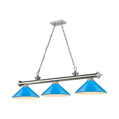 Cordon Cone Billiard Pendant Light in Brushed Nickel/Electric Blue (3-Light).