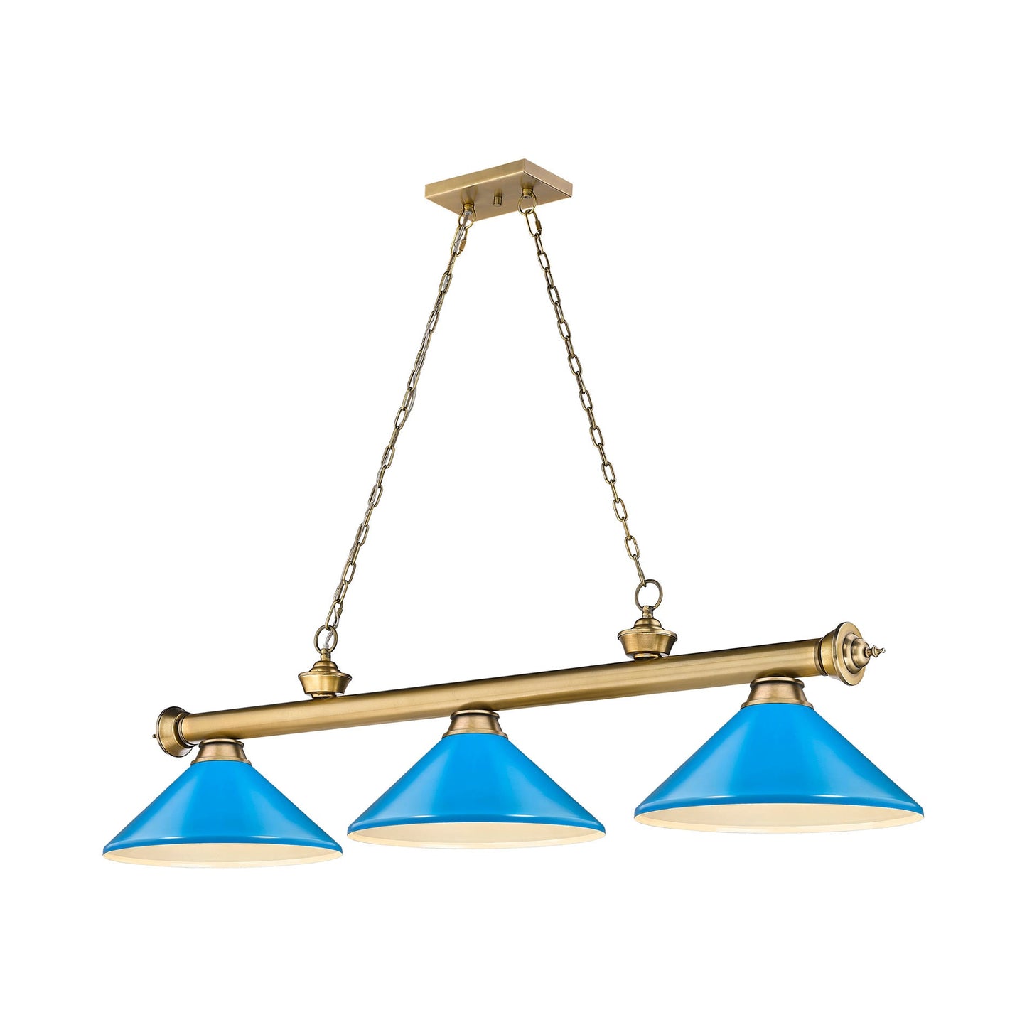Cordon Cone Billiard Pendant Light in Rubbed Brass/Electric Blue (3-Light).