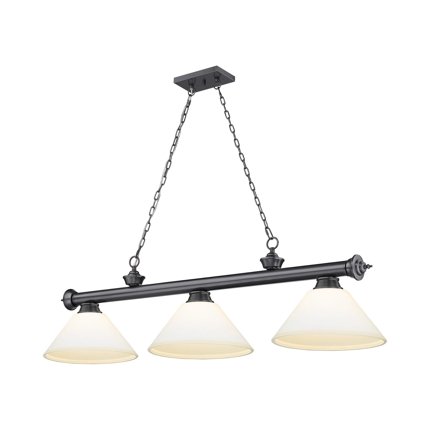Cordon Cone Billiard Pendant Light in Bronze Plate/Matte Opal (3-Light).