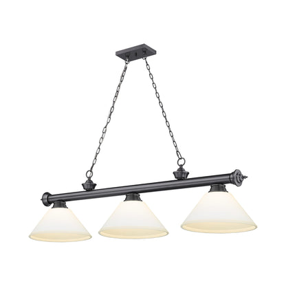 Cordon Cone Billiard Pendant Light in Bronze Plate/Matte Opal (3-Light).