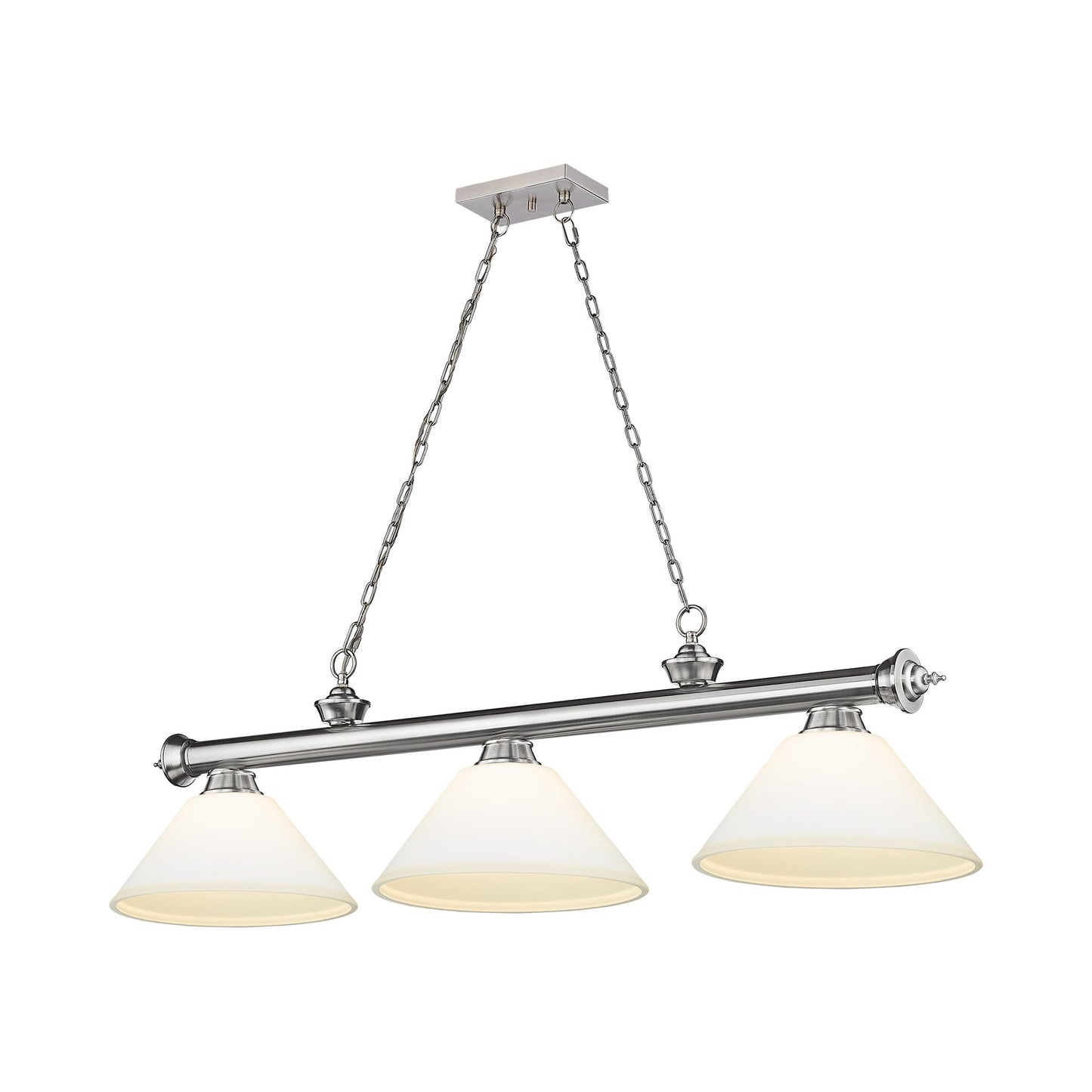 Cordon Cone Billiard Pendant Light in Brushed Nickel/Matte Opal (3-Light).