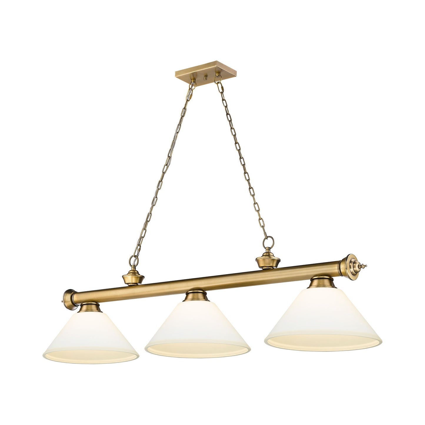 Cordon Cone Billiard Pendant Light in Rubbed Brass/Matte Opal (3-Light).