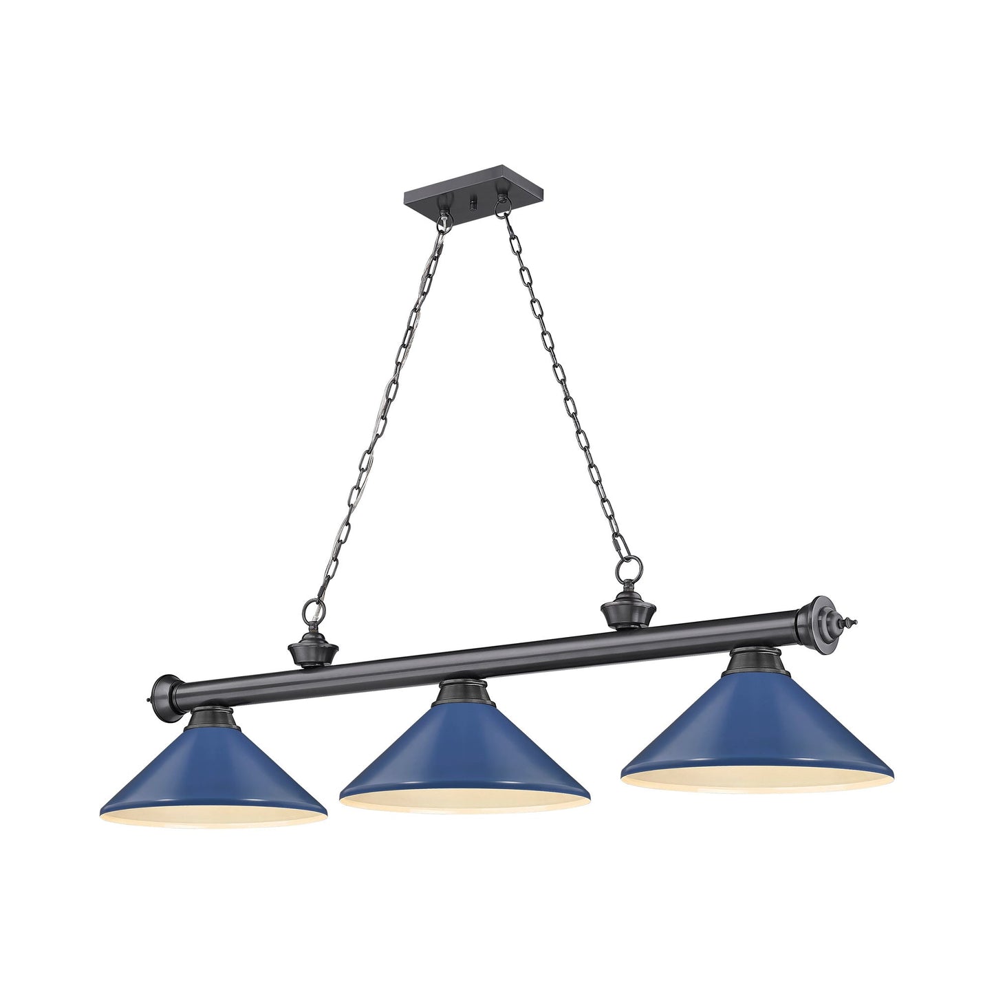 Cordon Cone Billiard Pendant Light in Bronze Plate/Navy Blue (3-Light).