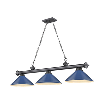 Cordon Cone Billiard Pendant Light in Bronze Plate/Navy Blue (3-Light).