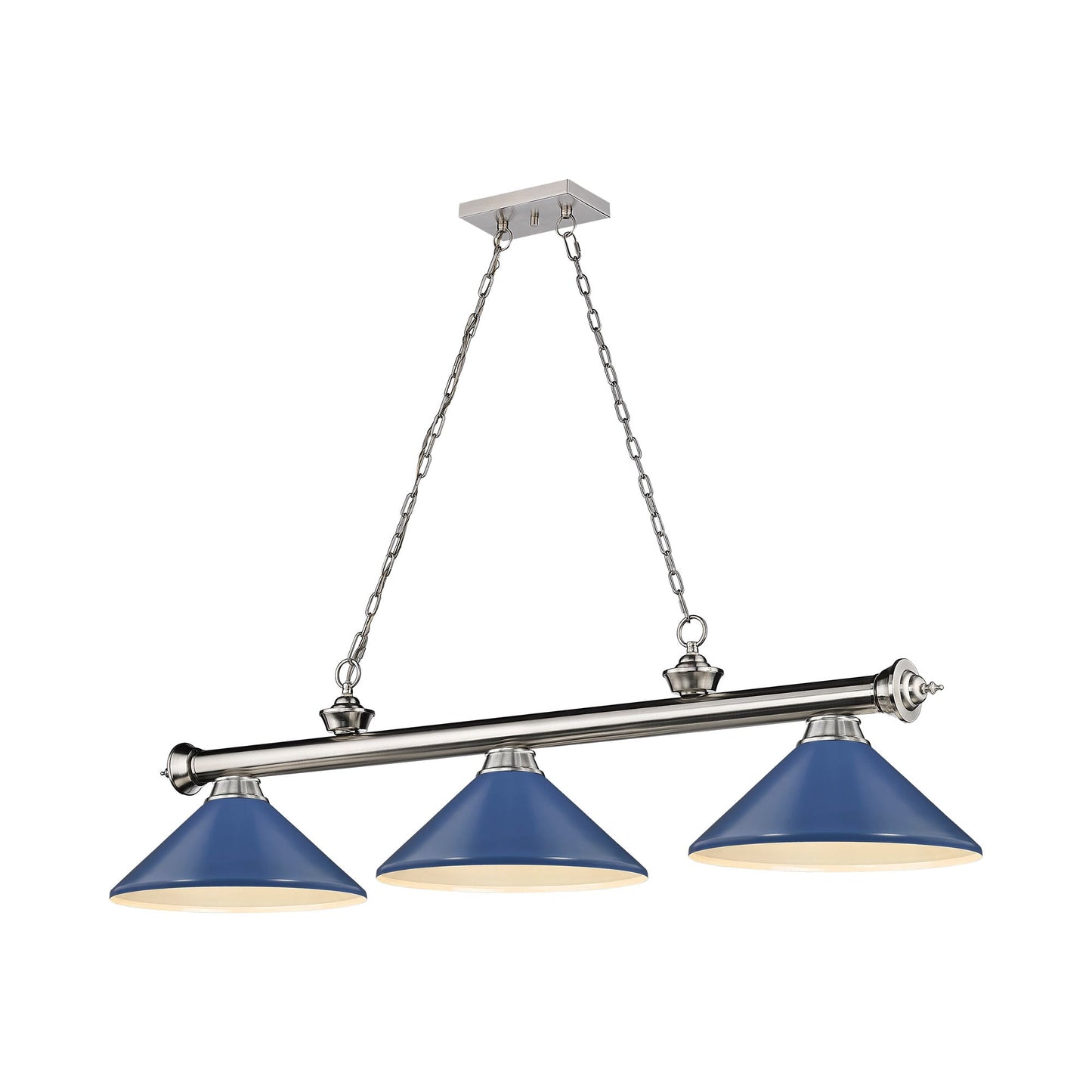 Cordon Cone Billiard Pendant Light in Brushed Nickel/Navy Blue (3-Light).