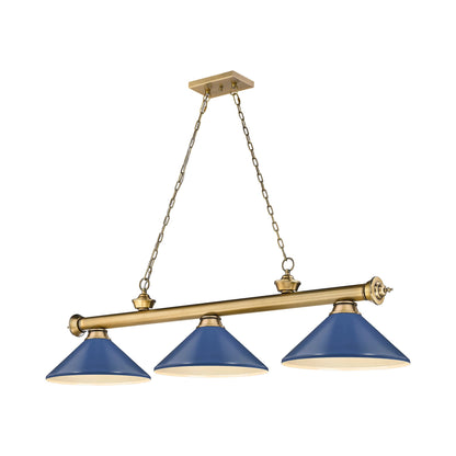 Cordon Cone Billiard Pendant Light in Rubbed Brass/Navy Blue (3-Light).