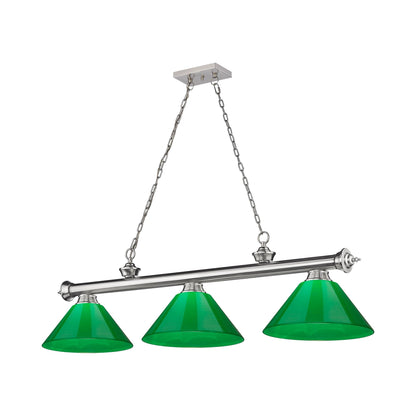 Cordon Cone Billiard Pendant Light in Brushed Nickel/Plastic Green (3-Light).