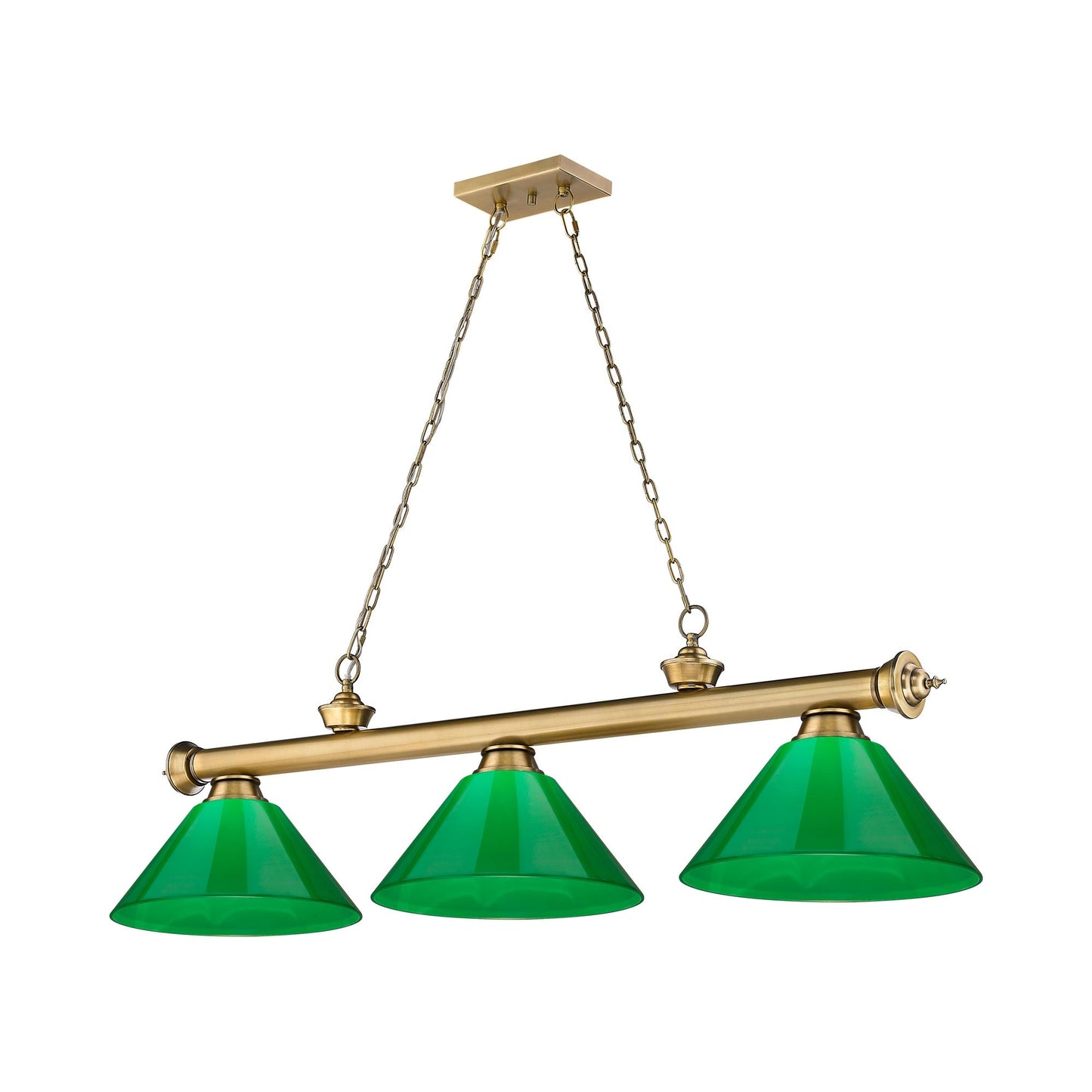 Cordon Cone Billiard Pendant Light in Rubbed Brass/Plastic Green (3-Light).