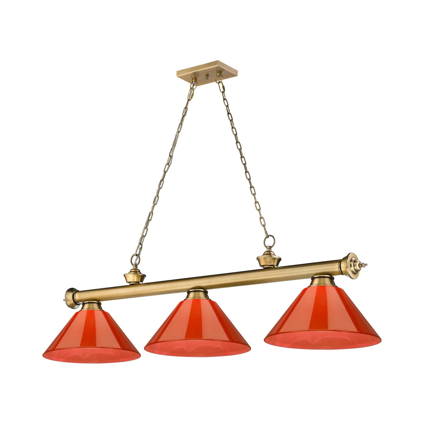 Cordon Cone Billiard Pendant Light in Rubbed Brass/Red (3-Light).