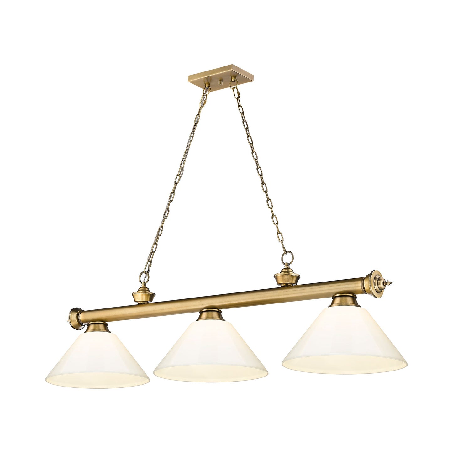 Cordon Cone Billiard Pendant Light in Rubbed Brass/White (3-Light).