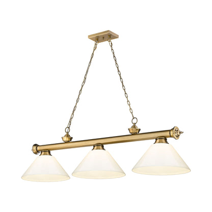 Cordon Cone Billiard Pendant Light in Rubbed Brass/White (3-Light).