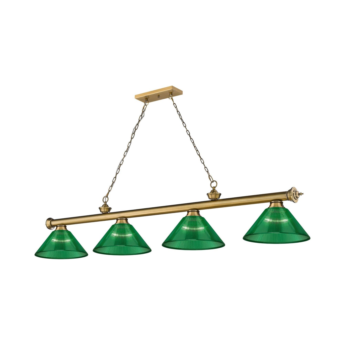 Cordon Cone Billiard Pendant Light in Rubbed Brass/Acrylic Green (4-Light).