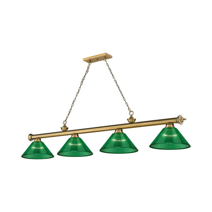 Cordon Cone Billiard Pendant Light in Rubbed Brass/Acrylic Green (4-Light).