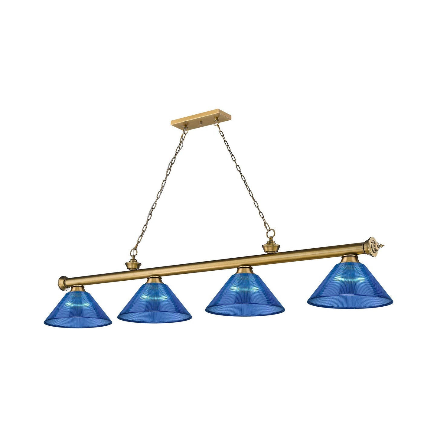 Cordon Cone Billiard Pendant Light in Rubbed Brass/Dark Blue (4-Light).