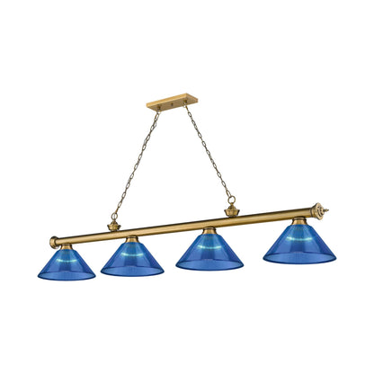 Cordon Cone Billiard Pendant Light in Rubbed Brass/Dark Blue (4-Light).