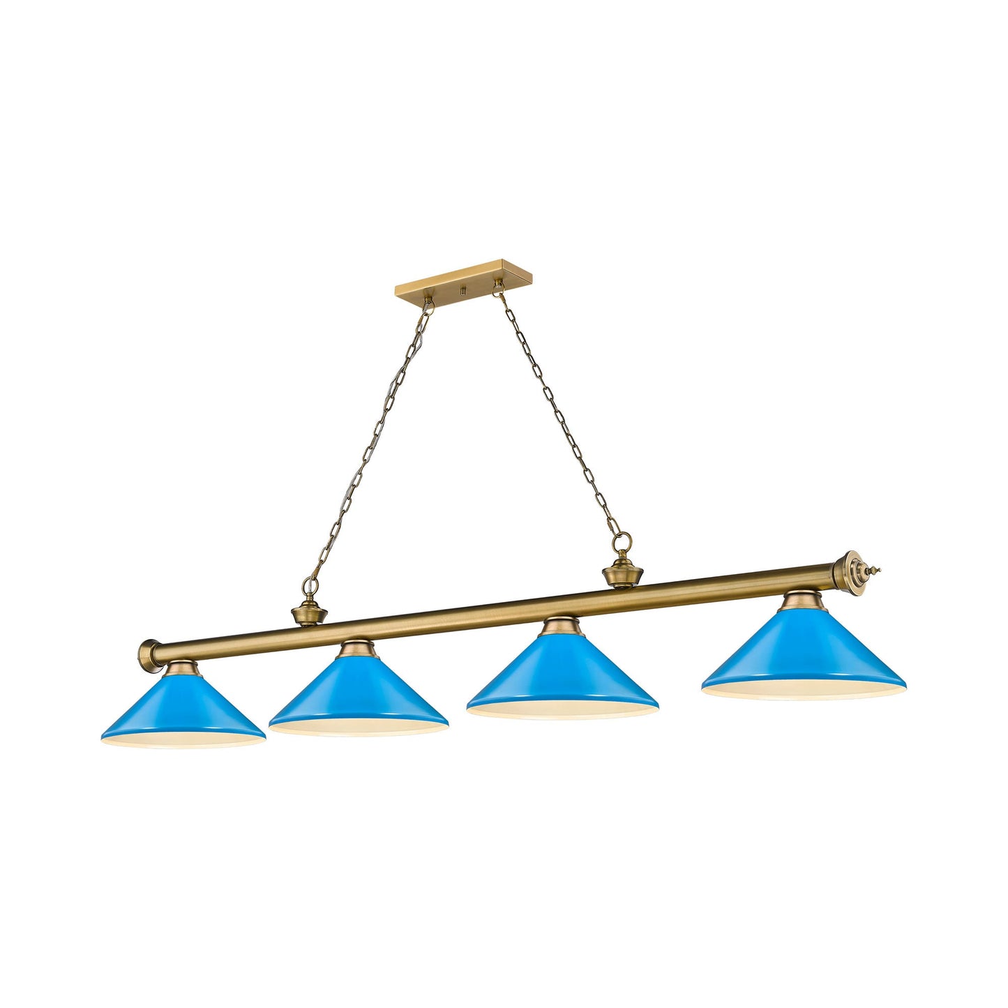 Cordon Cone Billiard Pendant Light in Rubbed Brass/Electric Blue (4-Light).