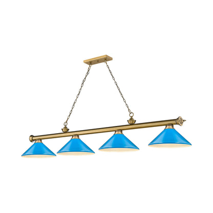 Cordon Cone Billiard Pendant Light in Rubbed Brass/Electric Blue (4-Light).