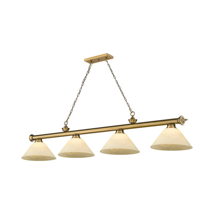 Cordon Cone Billiard Pendant Light in Rubbed Brass/Golden Mottle (4-Light).