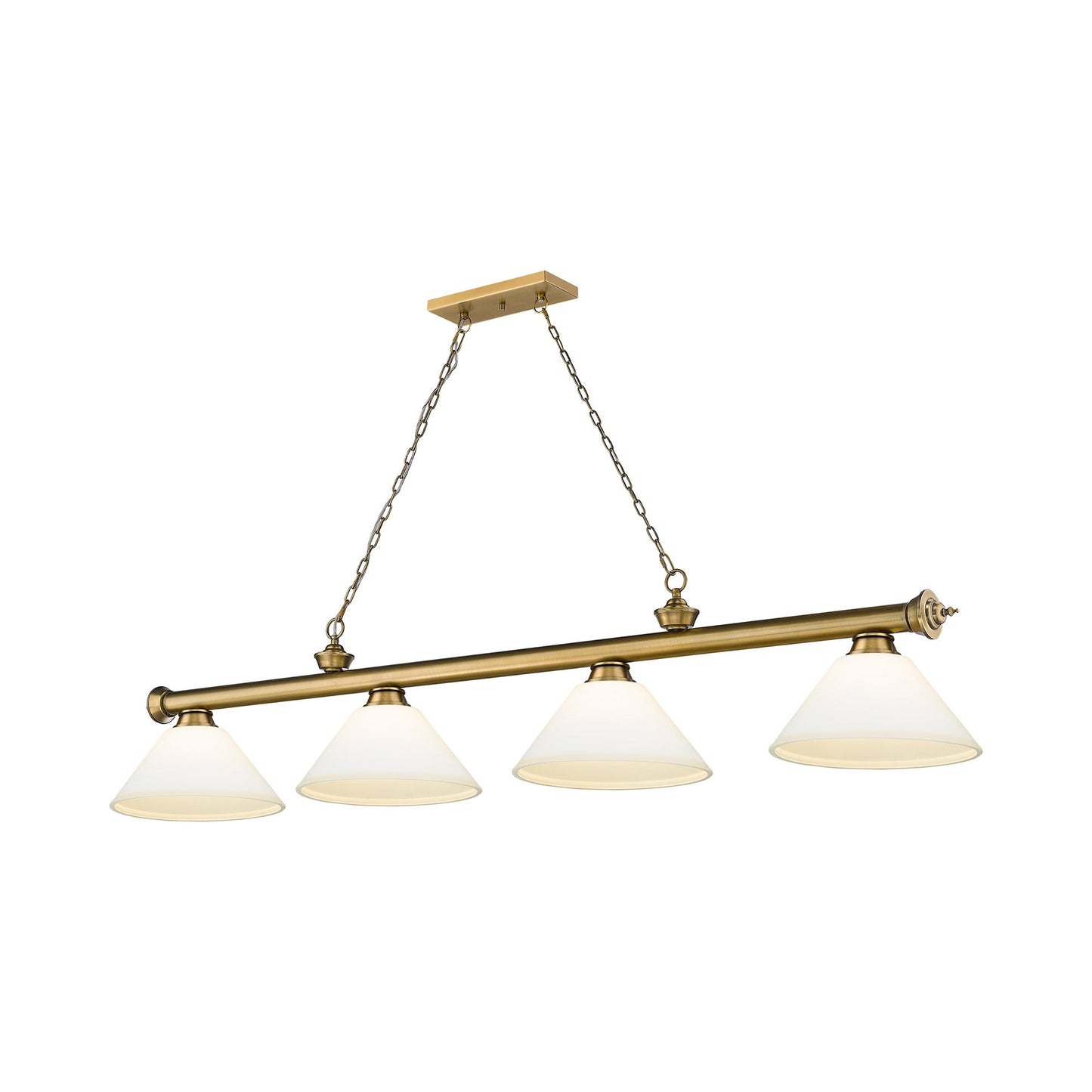 Cordon Cone Billiard Pendant Light in Rubbed Brass/Matte Opal (4-Light).