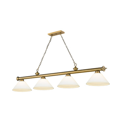 Cordon Cone Billiard Pendant Light in Rubbed Brass/Matte Opal (4-Light).