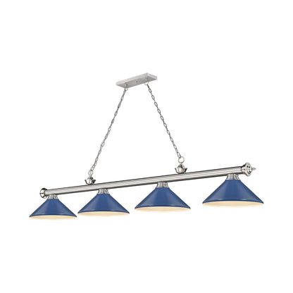 Cordon Cone Billiard Pendant Light in Brushed Nickel/Navy Blue (4-Light).