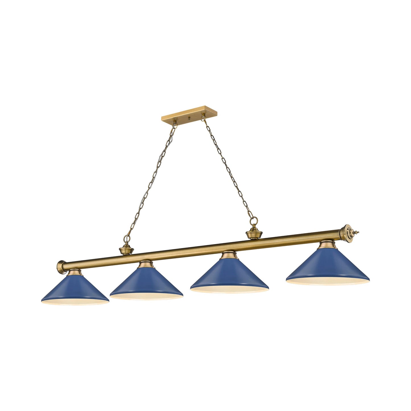 Cordon Cone Billiard Pendant Light in Rubbed Brass/Navy Blue (4-Light).