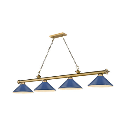 Cordon Cone Billiard Pendant Light in Rubbed Brass/Navy Blue (4-Light).