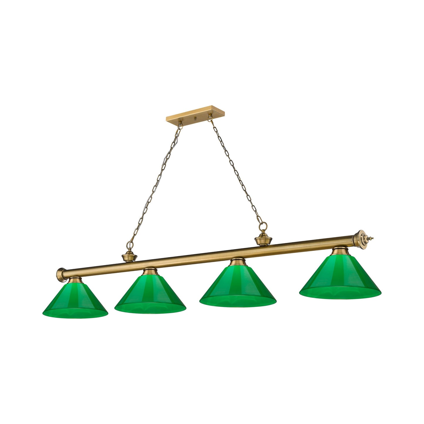 Cordon Cone Billiard Pendant Light in Rubbed Brass/Plastic Green (4-Light).