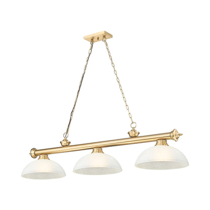 Cordon Dome Billiard Pendant Light in Heritage Brass/White Linen (3-Light).