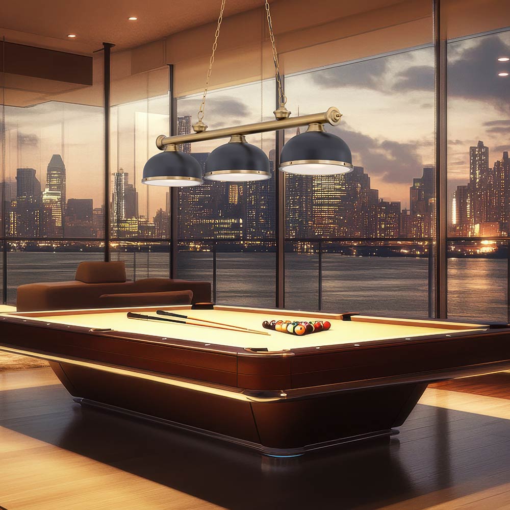 Cordon Dome Steel Billiard Pendant Light in game room.