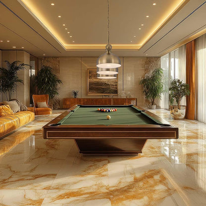 Cordon Dome Steel Billiard Pendant Light in game room.