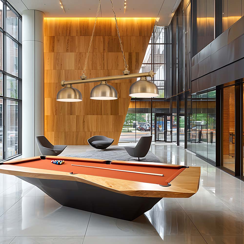 Cordon Dome Steel Billiard Pendant Light in game room.