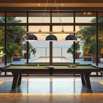 Cordon Dome Steel Billiard Pendant Light in game room.