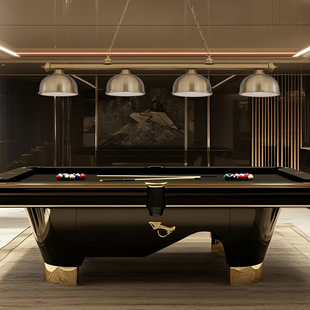 Cordon Dome Steel Billiard Pendant Light in game room.