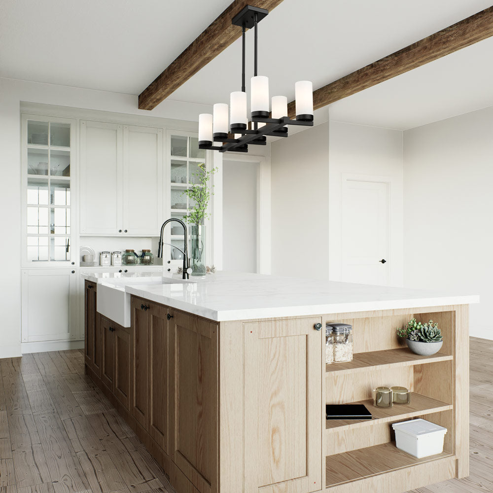Danica Linear Chandelier in kitchen.