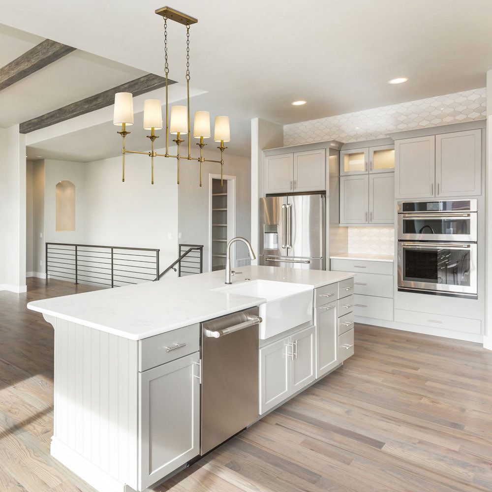 Emily Linear Chandelier in kitchen.