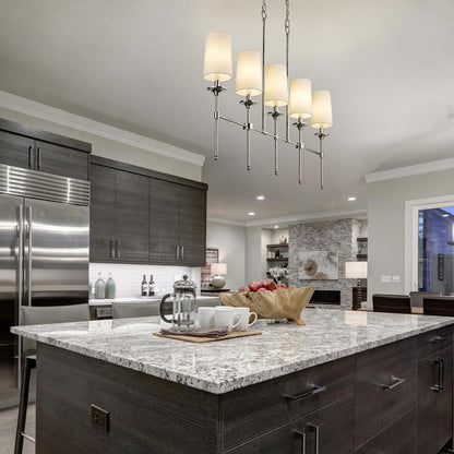 Emily Linear Chandelier in kitchen.