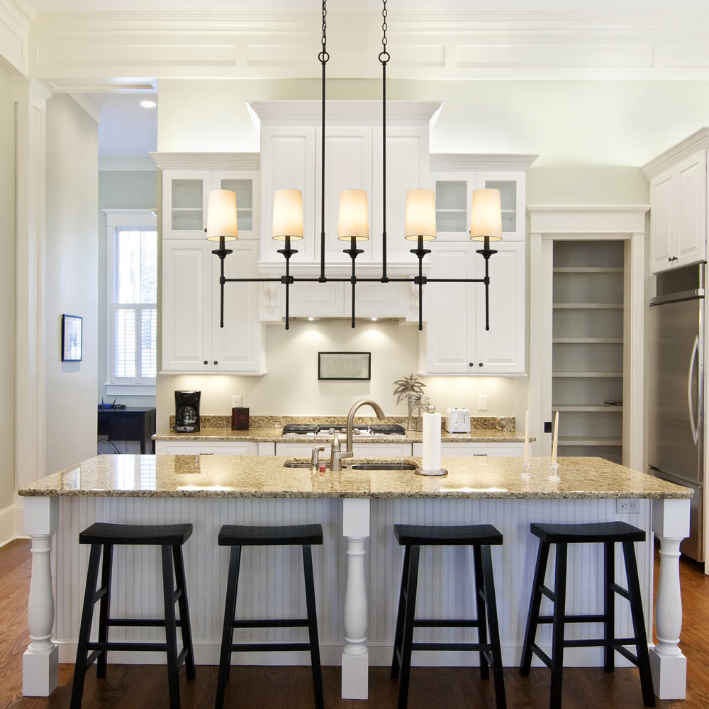 Emily Linear Chandelier in kitchen.
