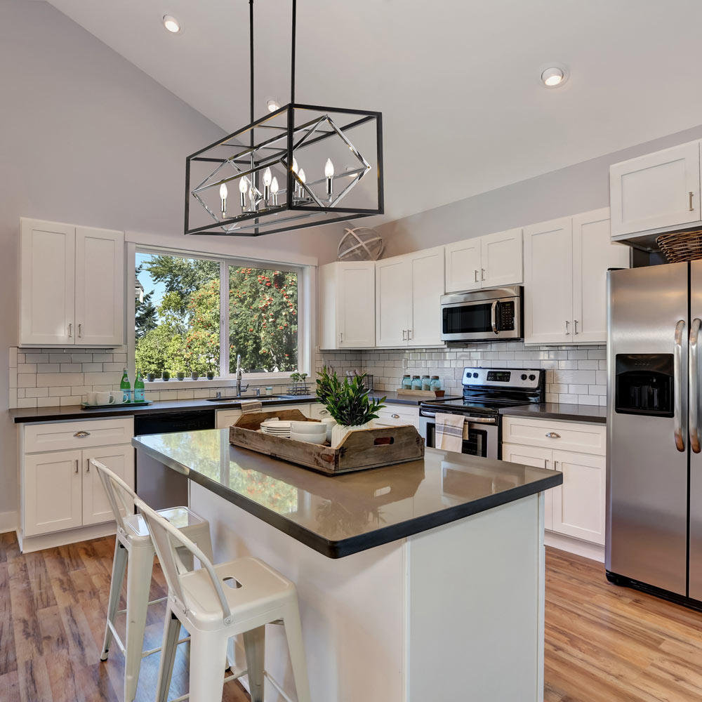 Euclid Linear Chandelier in kitchen.