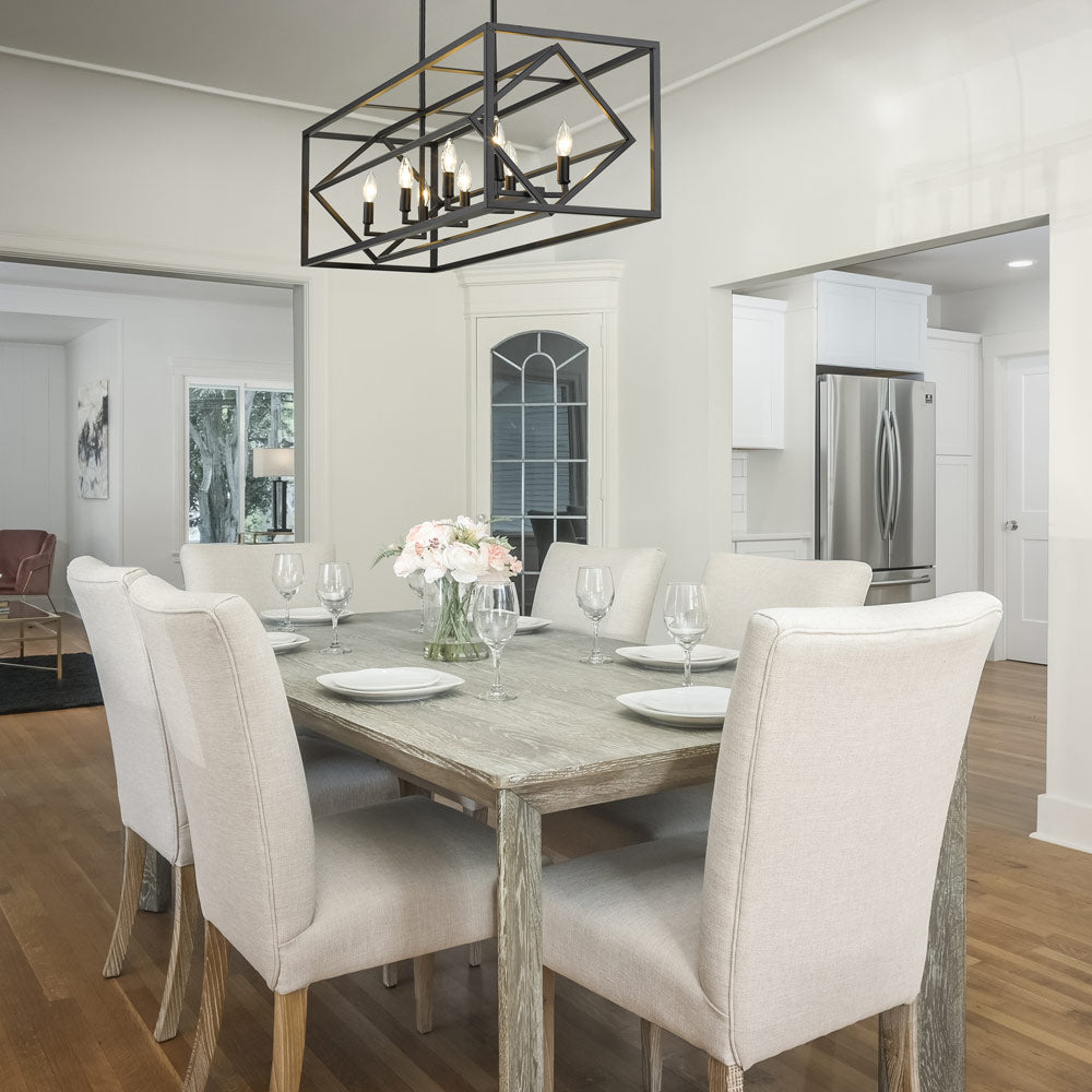 Euclid Linear Chandelier in dining room.