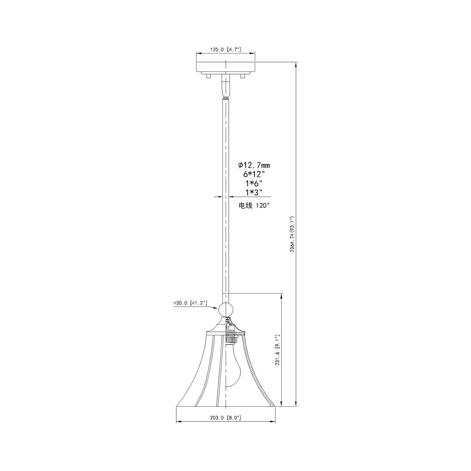 Fleur Pendant Light - line drawing.