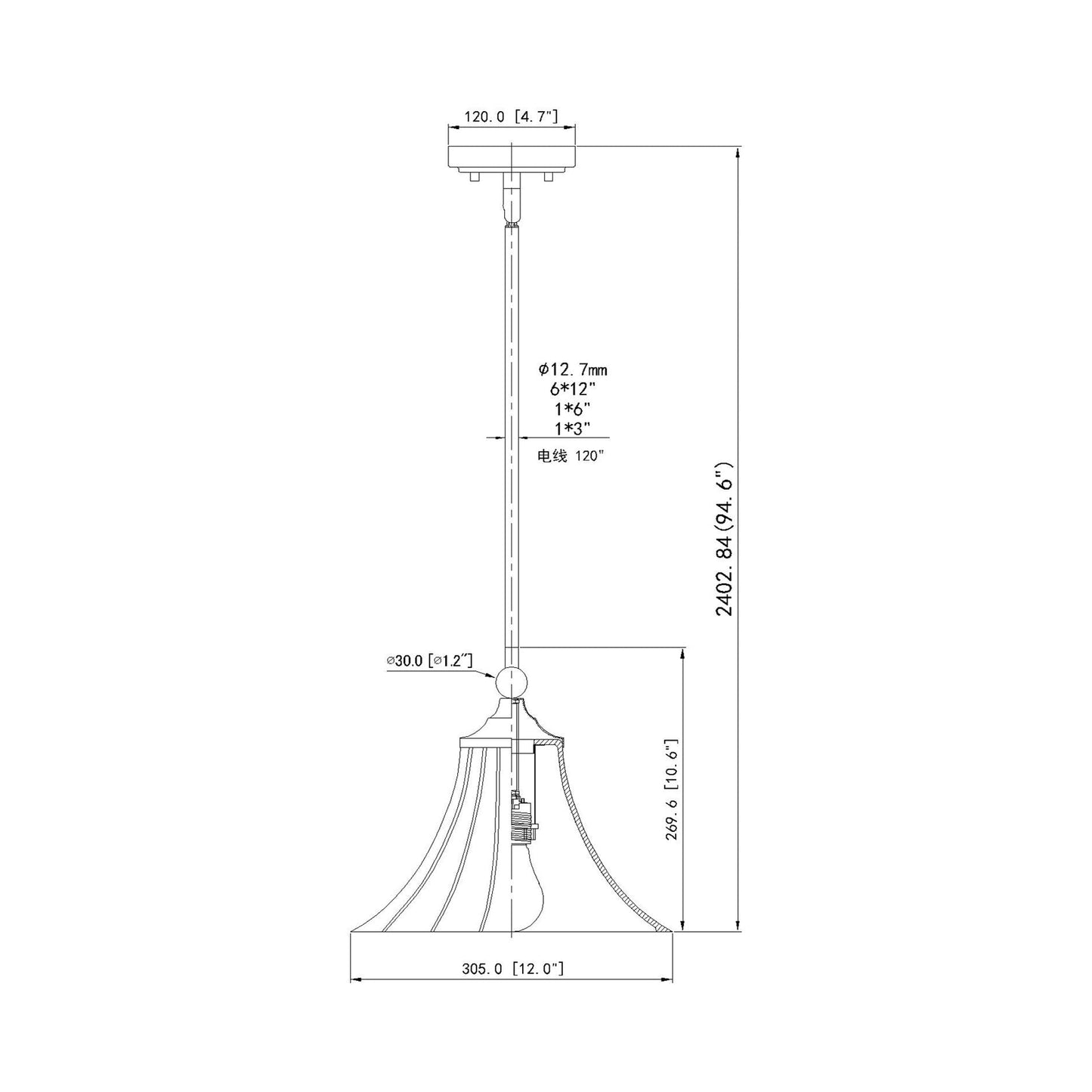 Fleur Pendant Light - line drawing.