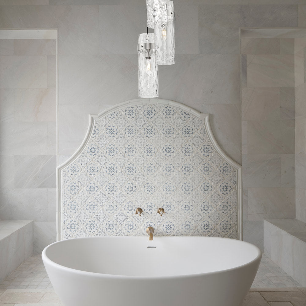 Fontaine Chandelier in bathroom.