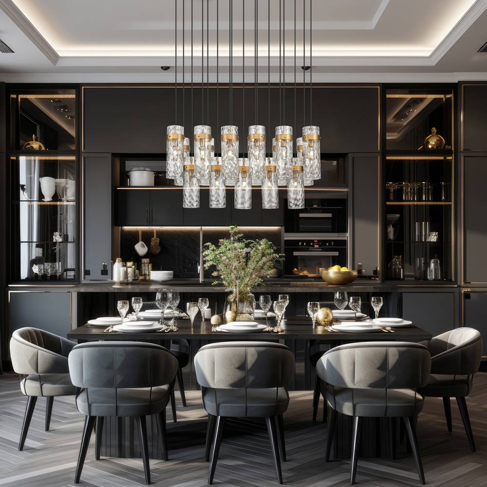 Fontaine Linear Chandelier in dining room.