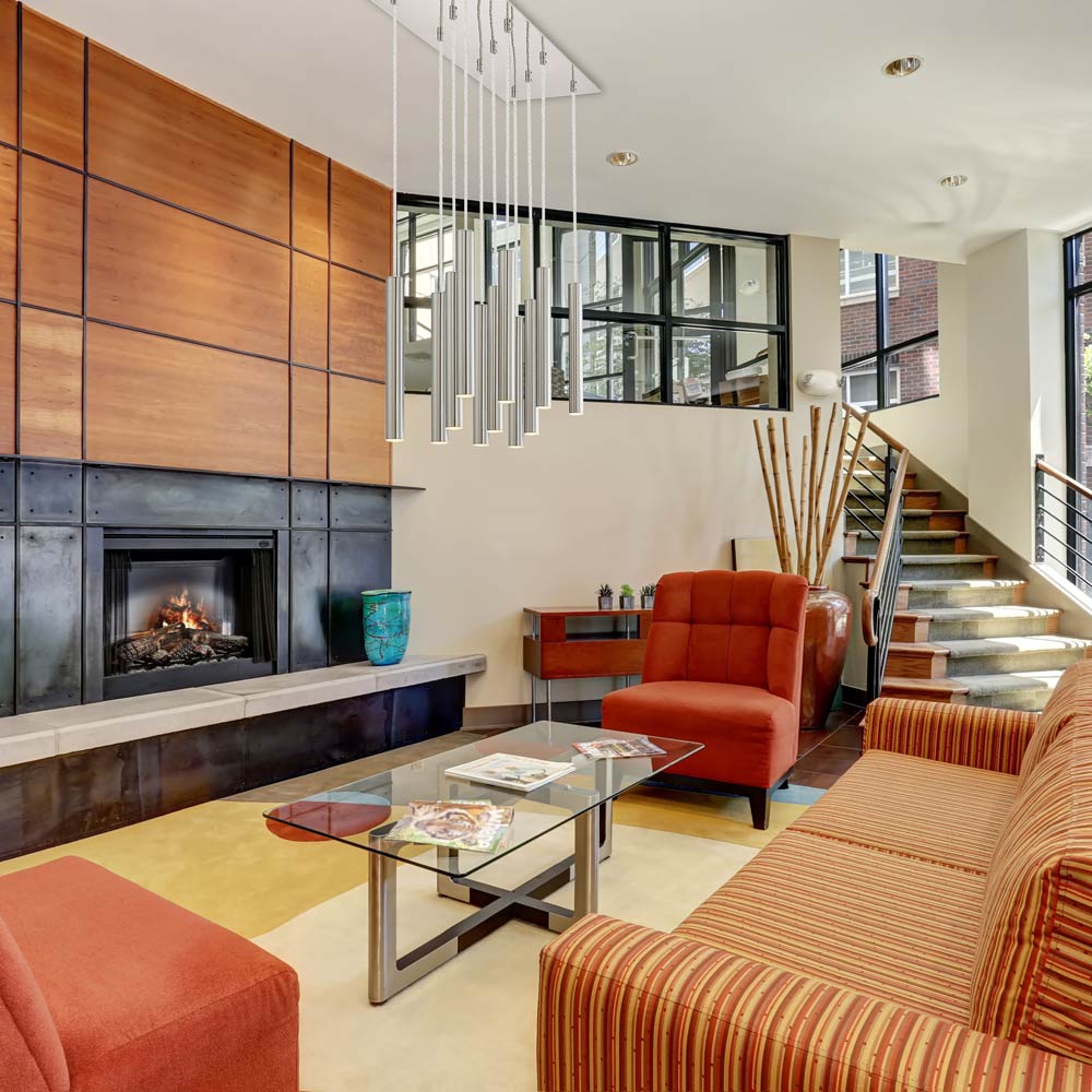 Forest LED Rectangle Chandelier in living room.