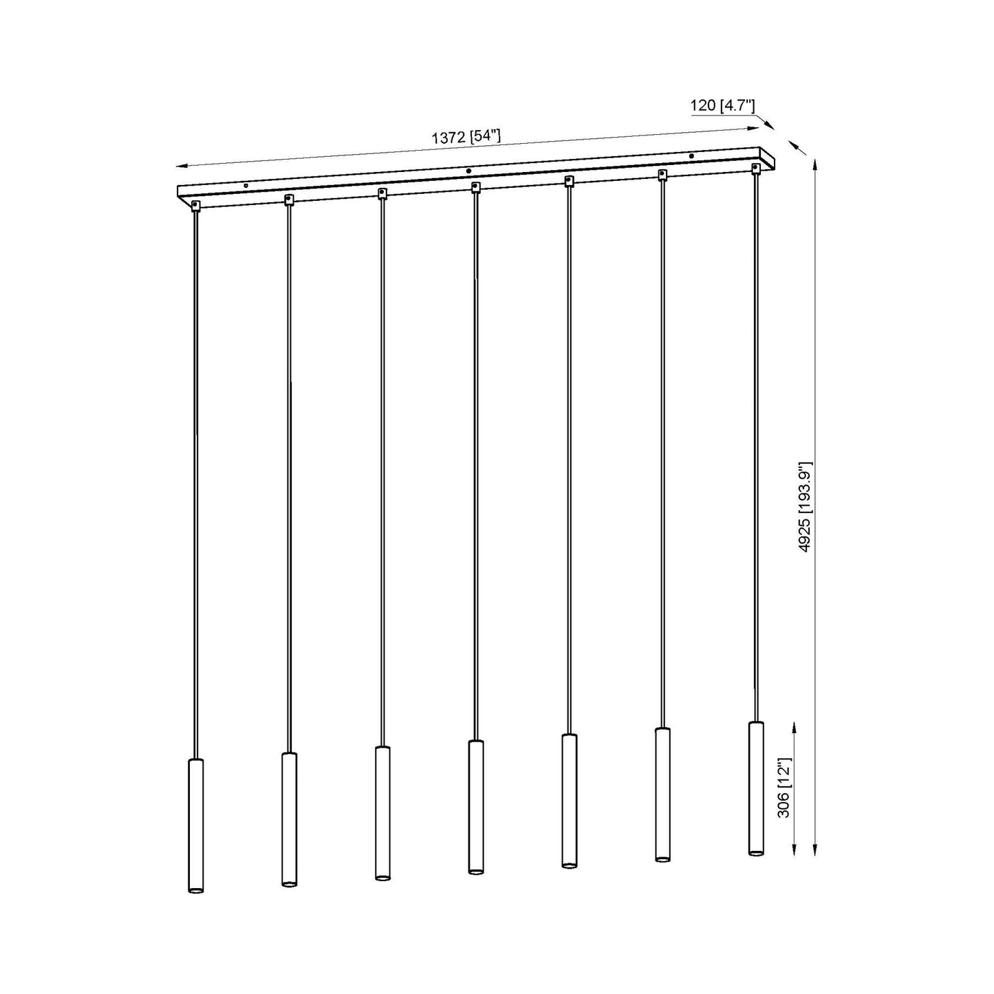 Forest Linear LED Chandelier - line drawing.