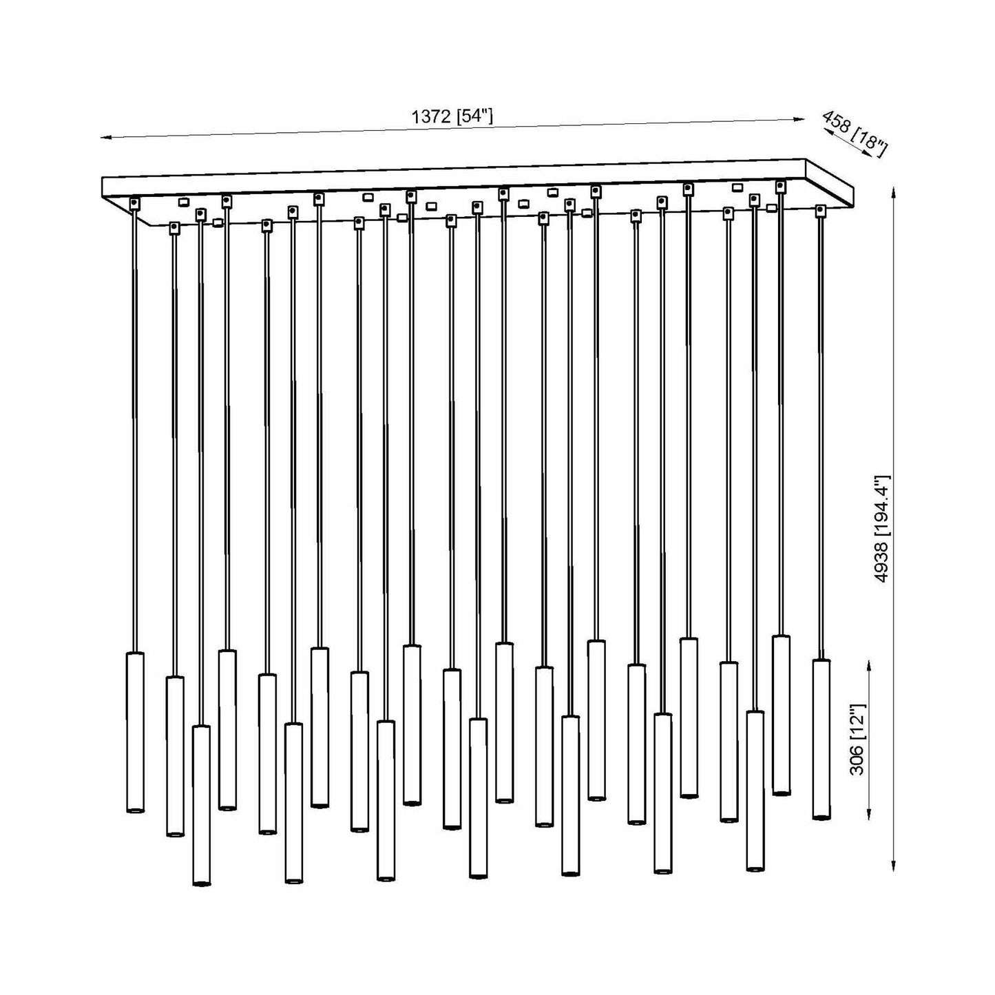 Forest Linear LED Chandelier - line drawing.