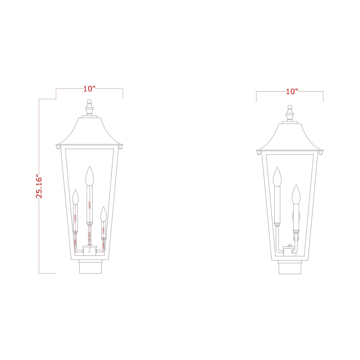 Gannon Outdoor Sloped Top Post Light - line drawing.