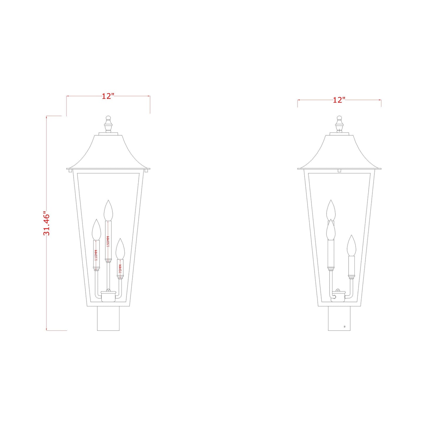 Gannon Outdoor Sloped Top Post Light - line drawing.
